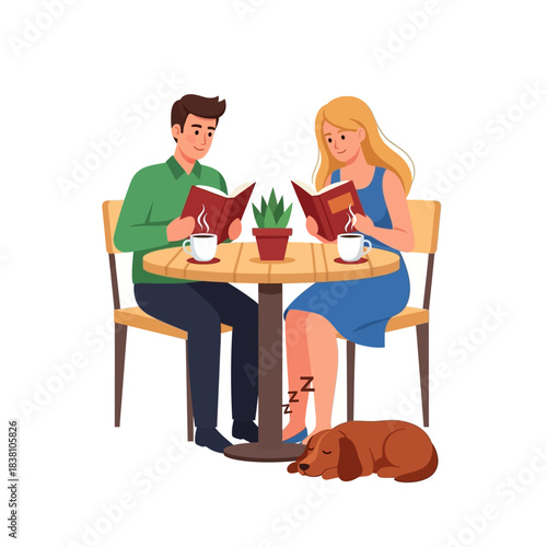 Illustrative couple reading books at cafe with sleeping dog under the table scene