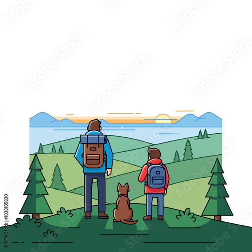 Contemplative journey into nature with a man, child and dog enjoying a picturesque view
