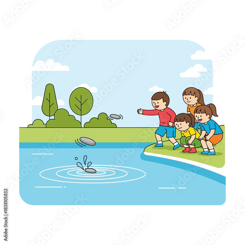 Illustrative children playing stone skipping game near water body in serene nature landscape