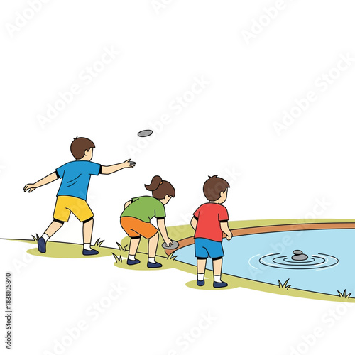 Children's games at the edge of the lake featuring stone skimming and youthful playfulness outdoor