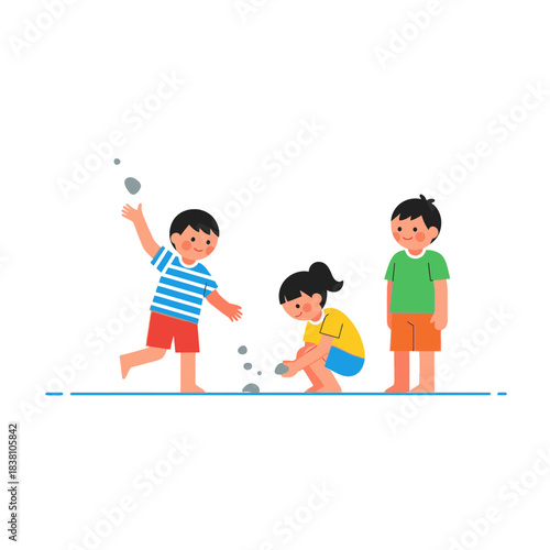 Delightful depiction of children immersed in innocent play collecting and throwing stones with joy