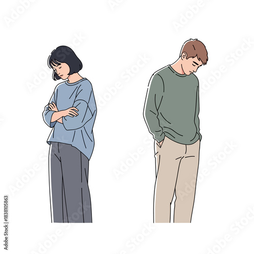 Drawn portrayal of a distanced young couple standing in silent disagreement after an argument