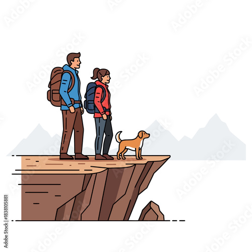 Couple with dog admiring the distant mountain range panoramic view outdoor adventure