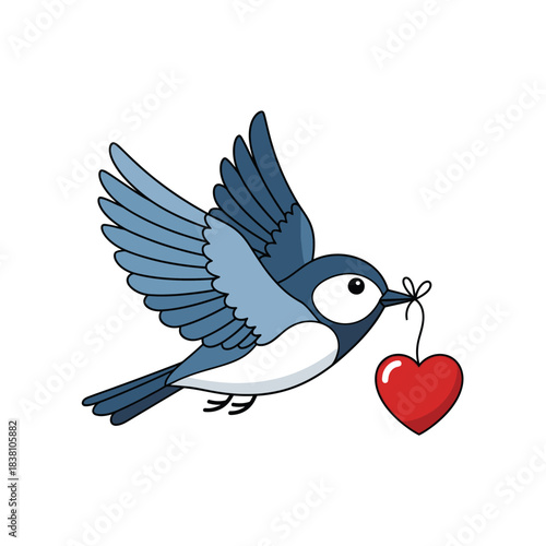 A delightful avian illustration spreading love with a heart pendant in flight cartoon