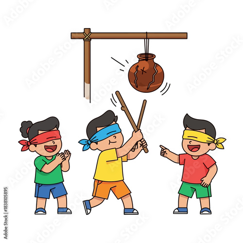 Joyful rendition of children participating in a traditional blindfolded game with enthusiasm and