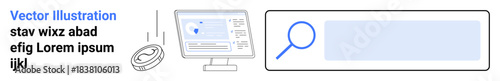 Data analysis, search functionality, digital tools, online research, technology, user interface. a computer screen and search bar icon. Data analysis and search functionality concept