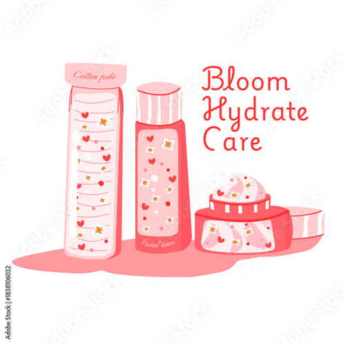 Bloom, Hydrate, Care" Skincare Set. Flower Cream, Toner and Cotton Pads, Gentle Routine Illustration