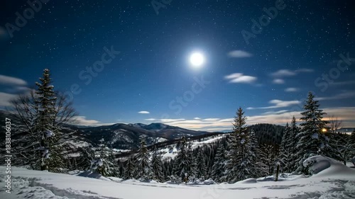 Winter Mountain Landscape Under Full Moon and Starry Sky.
