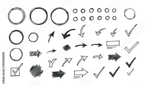 Hand Drawn Circles Arrows Checkmarks and Scribble Textures on White Background scribbles