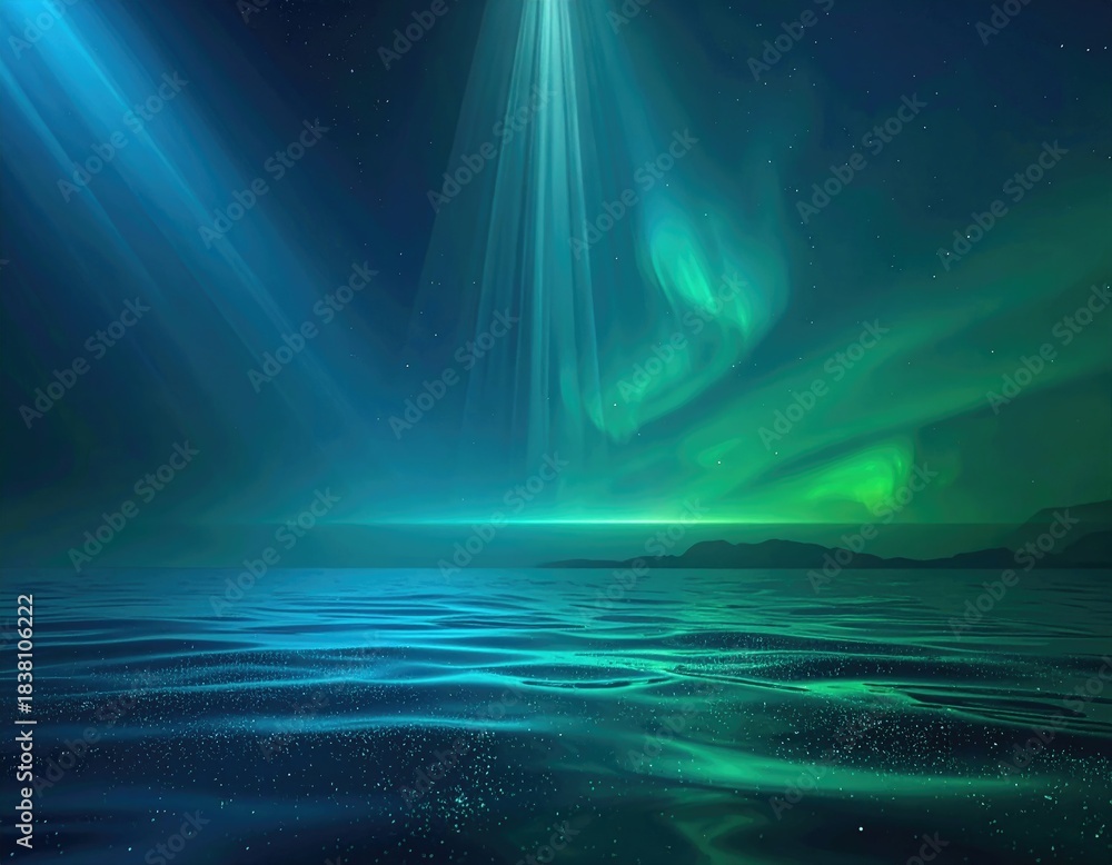 Fototapeta premium Aurora borealis beams across rippled water at night