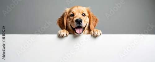 Smiling golden retriever dog holds blank sign for message. Happy puppy looks up, paws rest on white board. Friendly canine wants to share notice. Canine companion offers support.