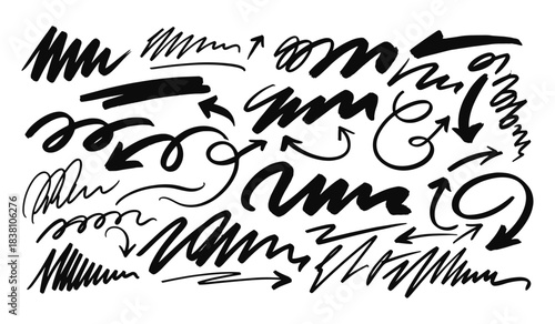 Dynamic Black Ink Brush Strokes and Arrows on White Background Keywords: brush stroke, ink, hand drawn, arrow, scribble, sketch, doodle, line, abstract, artistic, graphic, design element, isolated
