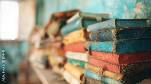 Books stacked on a shelf in a dusty room with peeling paint