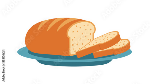 Freshly Baked Loaf Of Bread Sliced And Served On A Blue Plate With A White Border Against A Black Background Simple Flat Illustration