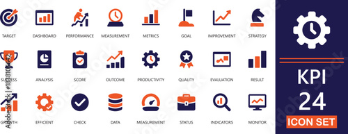 Key Performance Indicators (KPI) icon set: business goals, progress, analytics, strategy,  performance, planning, report, targets, modern vector collection.