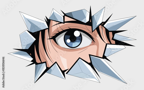 A close-up of an eye peeking through a shattered glass with sharp shards around it