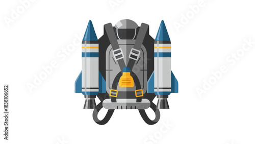 Futuristic Personal Jetpack With Blue Rockets and Gray Straps for Space Exploration and Aviation Adventure on a Black Background