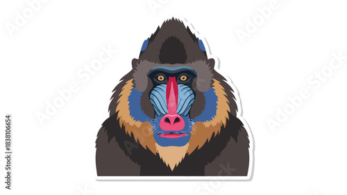 Frontal Close Up Portrait of a Mandrill Primate with Vibrant Blue and Pink Facial Features and Dark Fur Against a Black Background Sticker Style Illustration