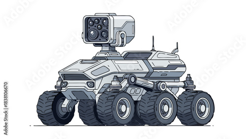 Futuristic White Six Wheeled Exploration Rover with Advanced Sensor Array and Weapon System Isolated on Black Background Detailed Pixel Art Illustration
