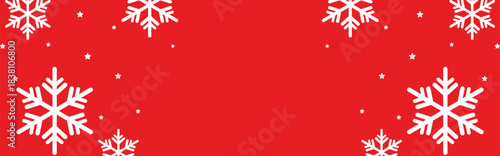 Festive red winter background with bold white geometric snowflakes and scattered stars framing wide copy space, ideal for Christmas greetings, seasonal invitations, web banners, and holiday promotions