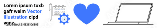 Productivity, scheduling, organization, time management, technology, healthcare. Calendar and clock gear next to a blue heart and a laptop icon. Productivity and technology concept