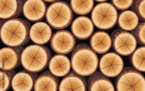 Stack of cut logs viewed from directly above showing the wooden texture and patterns