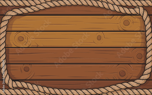 A wooden signboard with a rope border, displayed on a wooden background