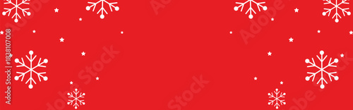 Festive red winter background with bold white geometric snowflakes and scattered stars framing wide copy space, ideal for Christmas greetings, seasonal invitations, web banners, and holiday promotions