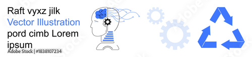 Sustainability, cognitive processes, innovation, eco-awareness, circular economy, environmental protection. Illustration features a head with gears and a recycling symbol. Sustainability