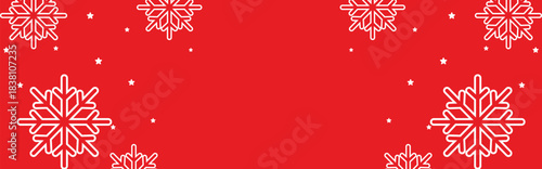 Festive red winter background with bold white geometric snowflakes and scattered stars framing wide copy space, ideal for Christmas greetings, seasonal invitations, web banners, and holiday promotions