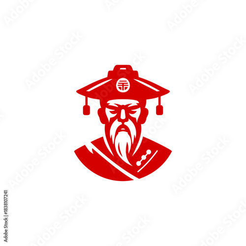 Bold red illustration of a traditional Asian wise man wearing ceremonial attire and a classic hat
