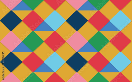 Vibrant geometric pattern featuring diamond shapes in various colors on a bright background