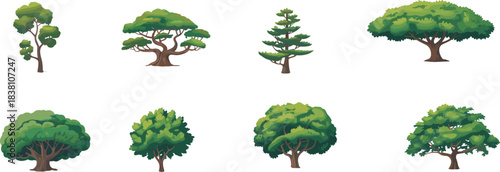 Collection of diverse cartoon trees with unique shapes and lush green foliage, detailed nature illustrations perfect for landscape design, environment art, and botanical projects