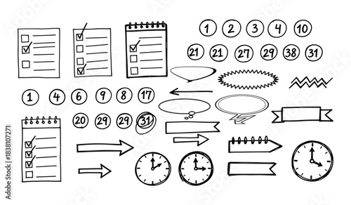 Hand Drawn Doodle Elements Including Checklists Numbers Speech Bubbles Ribbons and Clocks Keywords: checklist, to do list, task, done, checked, checkbox, number, circle, speech bubble, thought