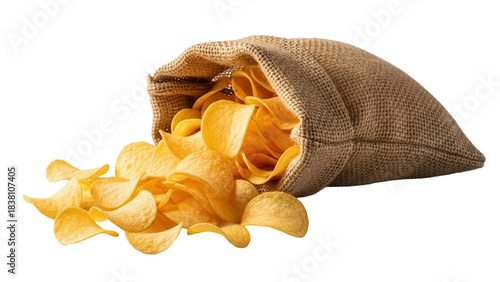 Crispy potato chips spilling from burlap sack isolated PNG, golden snack food for party and picnic on transparent background