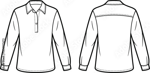 Men long sleeve polo shirt technical fashion illustration front and back view casual collared top flat sketch vector