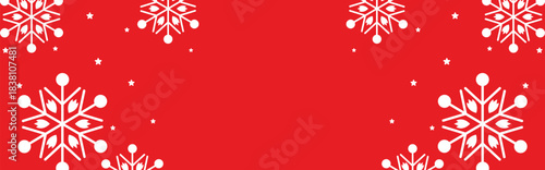 Festive red winter background with bold white geometric snowflakes and scattered stars framing wide copy space, ideal for Christmas greetings, seasonal invitations, web banners, and holiday promotions