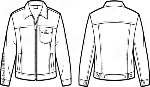 Technical fashion flat of classic denim jacket with zipper front, chest pocket, and adjustable hem, detailed front and back views for apparel designTechnical fashion flat of classic denim jacket 