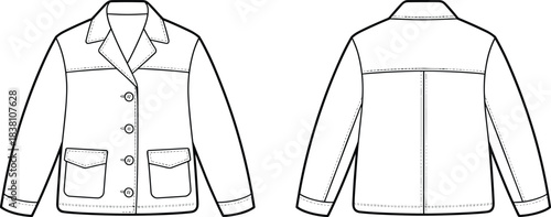 Technical fashion flat of men’s buttoned jacket with patch pockets, front and back views for garment drafting, sewing patterns, apparel production, and clothing design