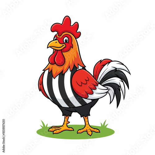 Whimsical rooster referee cartoon character standing on grass for editorial use