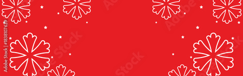 Festive red winter background with bold white geometric snowflakes and scattered stars framing wide copy space, ideal for Christmas greetings, seasonal invitations, web banners, and holiday promotions