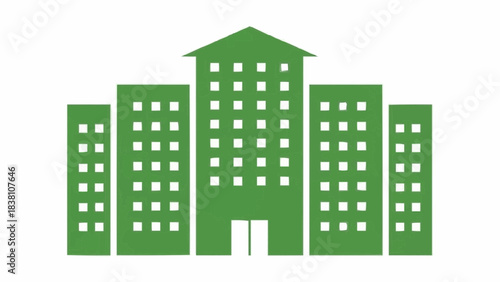 Green silhouette of a modern city skyline with multiple buildings and windows, representing urban development and architecture.