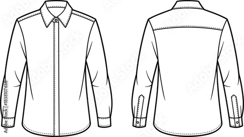 Technical fashion flat of men’s long sleeve button-down shirt design, front and back views for garment drafting, sewing patterns, apparel production, and clothing templates