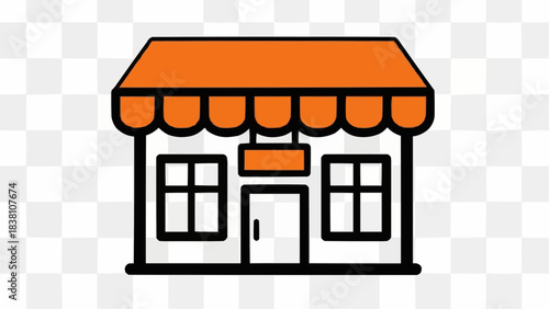 A simple cartoon illustration of a small shop or store building with an orange striped awning and a sign above the door.