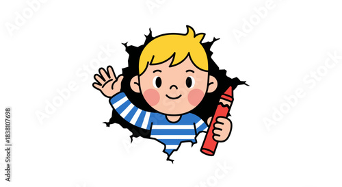 Cheerful cartoon boy emerges from a paper tear holding a red crayon illustration
