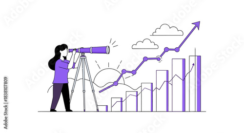 Illustration depicting a visionary woman anticipating future market growth with telescope