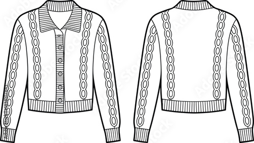 Women cable knit collared cardigan technical fashion illustration front and back view button up long sleeve sweater sketch