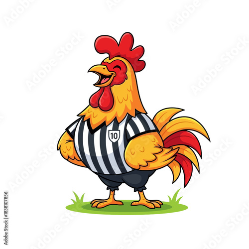 Humorous rooster officiating soccer game, wearing striped referee jersey with broad smile