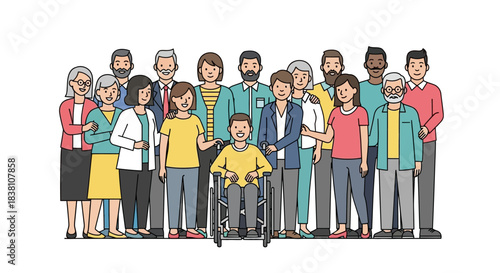 Diverse group of people supporting a child in wheelchair demonstrating inclusivity and togetherness
