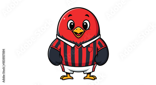 Whimsical cartoon bird mascot wearing a striped sports jersey on white backdrop